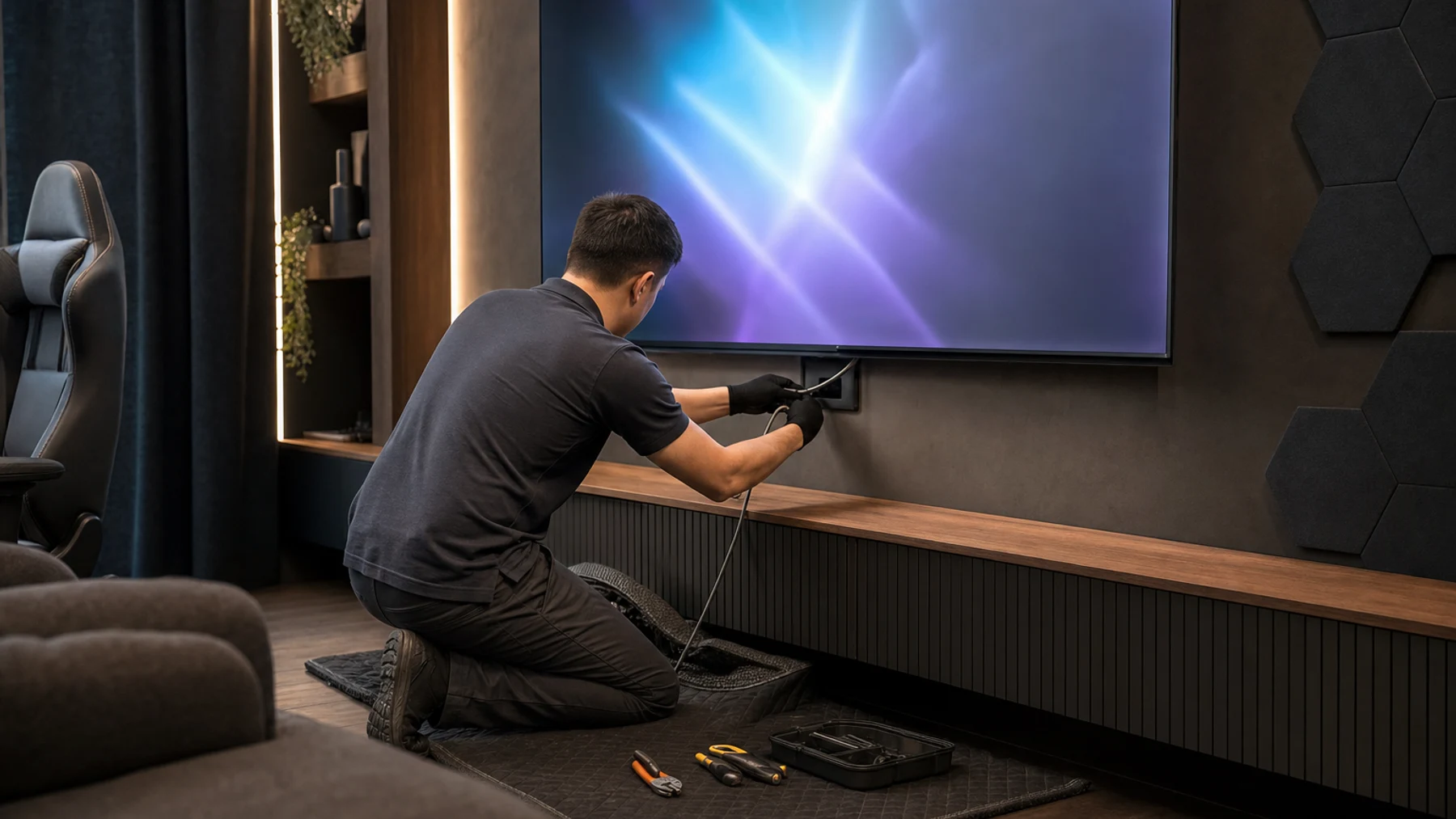 Technician installing a clean wall-mounted gaming screen