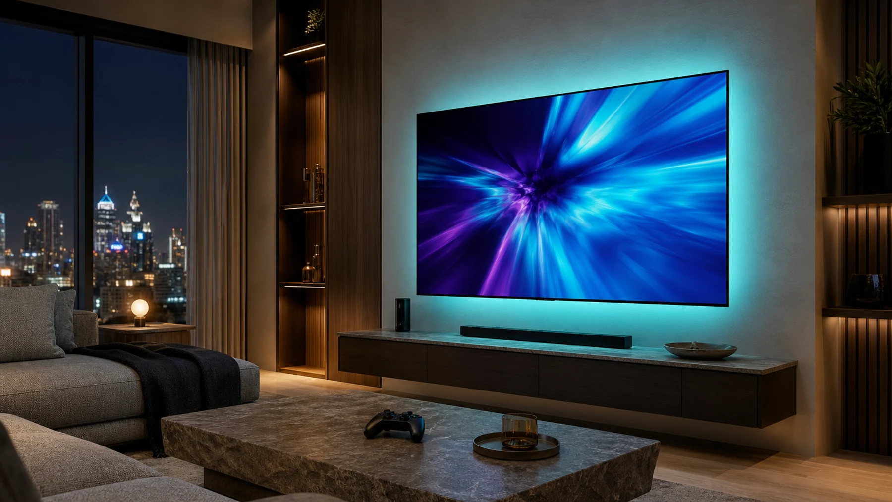 Large gaming TV in a refined UAE living room