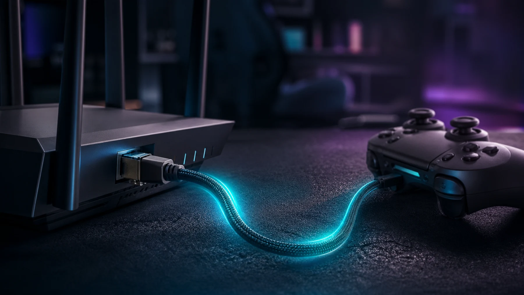 Router, network cable and controller linked by subtle light